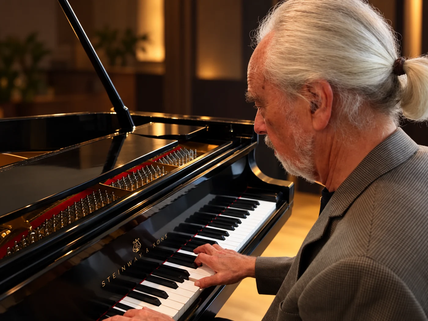 Sanford playing his Steinway grand piano